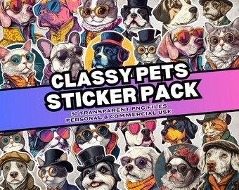 Paquete de pegatinas Classy Pets, 50 pegatinas digitales de animales, pegatinas de gatos, pegatinas de perros, archivos PNG, uso personal y comercial, impresión a pedido
