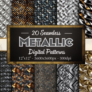 Metallic Patterns, 20 Metal Textures Seamless Digital Papers, Instant Download, Personal & Commercial Use, Print on Demand Friendly