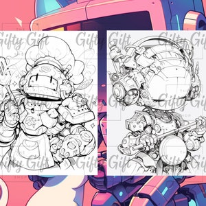 May include: A black and white line drawing of two robots. The robot on the left is wearing a chef's hat and holding a spatula. The robot on the right is holding a large spoon.