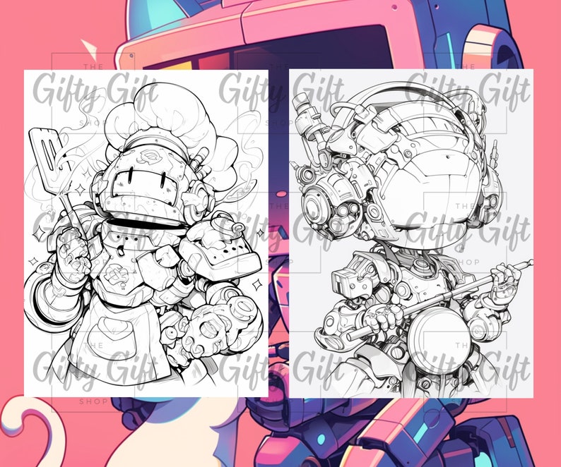 May include: A black and white line drawing of two robots. The robot on the left is wearing a chef's hat and holding a spatula. The robot on the right is holding a large spoon.