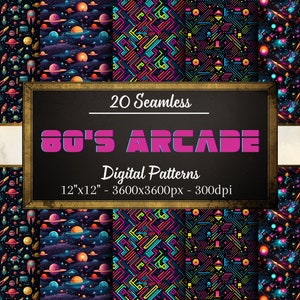 Retro Arcade Muster, 20 nahtlose digitale Papiere, klassische Arcade Muster für Scrapbooking, Kleidung, Kraftpapier, Print on Demand & mehr!