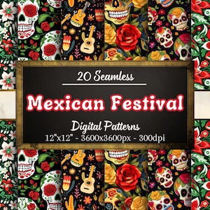 Puede incluir: Un conjunto de 20 patrones digitales sin costuras con temática de festival mexicano. Los patrones incluyen flores coloridas, calaveras e instrumentos musicales. Los patrones son de 12 pulgadas por 12 pulgadas y 3600 píxeles por 3600 píxeles a 300 ppp.