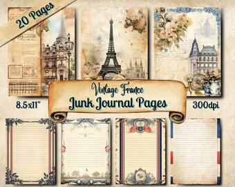 Frankrike skräpjournal, vintage scrapbooking-ephemera, 20 utskrivbara sidor, digital nedladdning, blandat vintagepapper, franskt designpapper