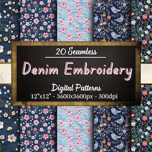 Denim Embroidery Patterns, 20 Seamless Embroidery Digital Papers, Instant Download, Personal & Commercial Use, Print on Demand Friendly