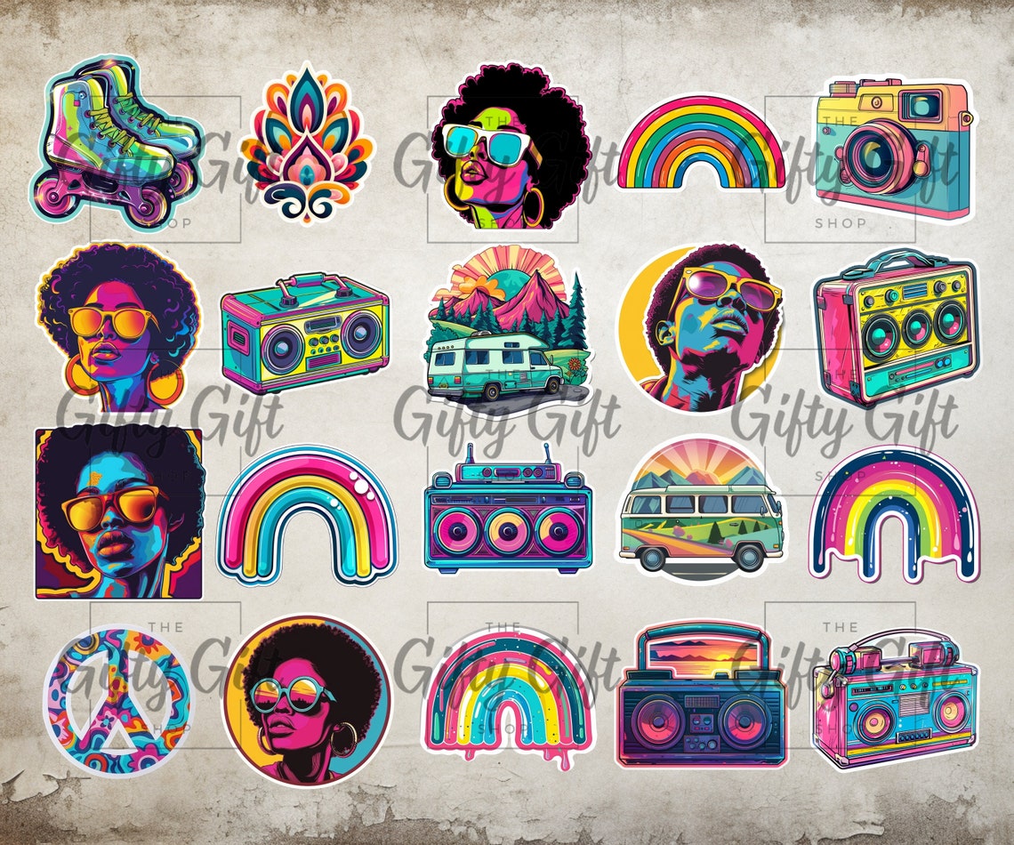 Packing Sticker Groovy Groovy Sticker Pack, 40 Retro Digital Stickers, Transparent PNG Files ...