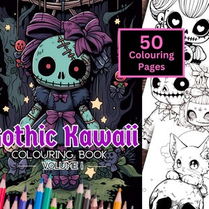 Gothic Kawaii Colouring Book, 50 Kawaii and Anime Printable Colouring Pages, Adults & Teens Kawaii Colouring Pages, Instant Download PDF