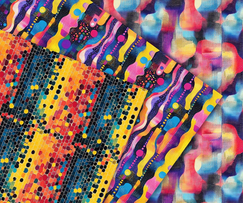 Peut inclure: &Eacute;chantillons de tissu abstraits aux motifs vibrants. Les motifs pr&eacute;sentent un m&eacute;lange de couleurs, notamment le jaune, le bleu, le rose et le violet. Un &eacute;chantillon a un motif &agrave; pois, tandis que d'autres ont des motifs ondul&eacute;s et g&eacute;om&eacute;triques.