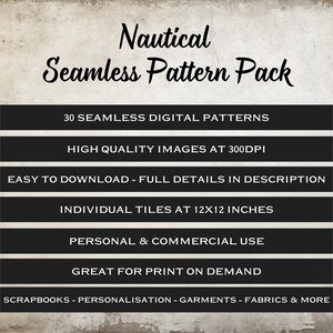 K&ouml;nnte beinhalten: Ein digitales Download-Paket mit 30 nahtlosen Mustern zum Thema Nautik. Das Paket enth&auml;lt hochwertige Bilder mit 300 DPI, einzelne Kacheln mit 12x12 Zoll und ist f&uuml;r den pers&ouml;nlichen und kommerziellen Gebrauch bestimmt. Die Muster eignen sich hervorragend f&uuml;r den Druck auf Anfrage, Scrapbooks, Personalisierung, Kleidung, Stoffe und mehr.
