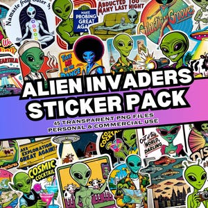 Könnte beinhalten: Ein Sticker-Paket mit 45 Illustrationen zum Thema Außerirdische. Die Sticker sind bunt und zeigen eine Vielzahl von Designs, darunter Außerirdische, Raumschiffe und Planeten. Der Text "Alien Invaders Sticker Pack" ist in großen, fetten Buchstaben dargestellt.