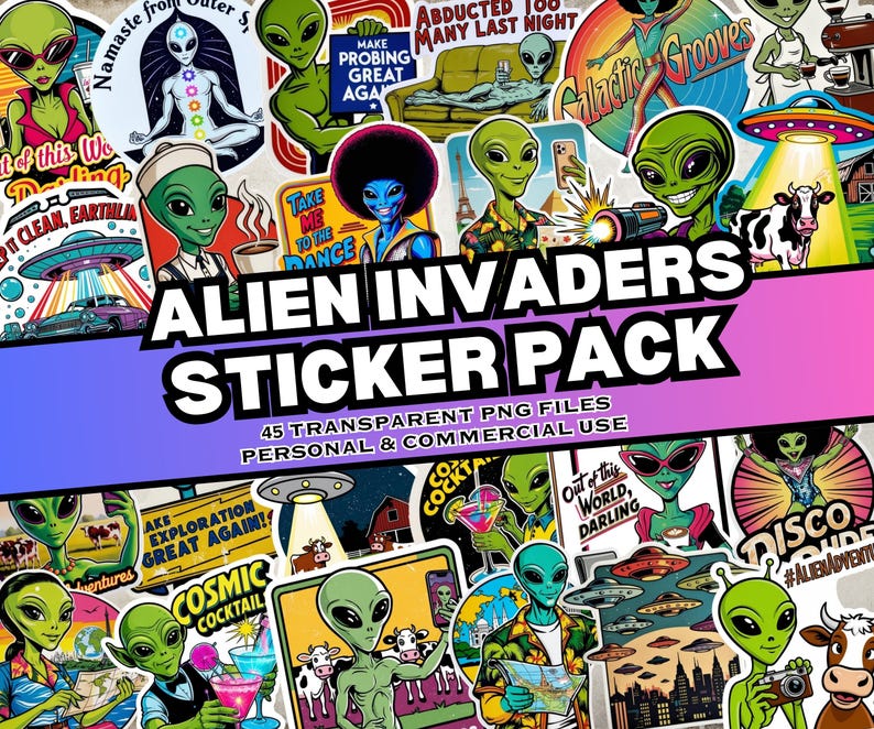 Alien Invaders Sticker Pack, 45 Science Fiction Digital Stickers, Alien ...