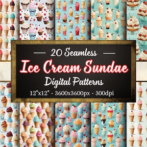 Puede incluir: 20 patrones digitales sin costuras que presentan helados sundae, conos y cupcakes en varios colores y diseños. Los patrones son de 12 pulgadas por 12 pulgadas y 3600 píxeles por 3600 píxeles a 300 ppp.