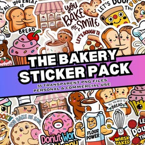 May include: A sticker pack featuring 55 bakery-themed illustrations. The stickers are colourful and feature various bakery items, including bread, doughnuts, cupcakes, and cookies. The text "The Bakery Sticker Pack" is displayed in a large font at the top of the image.