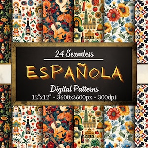 Modelli senza cuciture spagnoli, 24 documenti digitali a tema spagnolo, modello Espanola, download istantaneo, uso personale e commerciale, stampa su richiesta