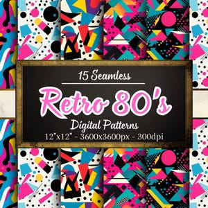 Retro 80's Patterns, 15 Seamless Digital Papers of Colourful 80's Patterns for Scrapbooking, Clothing, Craft Paper, Print on Demand & More!