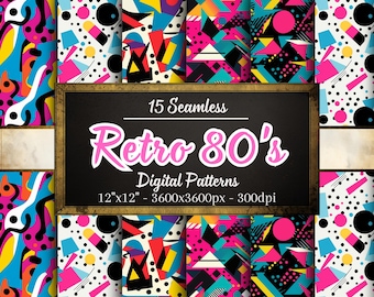Retro 80er Jahre Muster, 15 nahtlose digitale Papiere mit buntem 80er Muster für Scrapbooking, Kleidung, Kraftpapier, Print on Demand & mehr!
