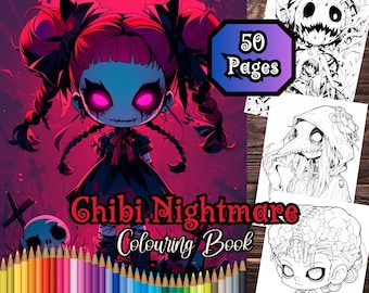 Libro da colorare Chibi Nightmare, 50 pagine da colorare Chibi gotico, Adulti e adolescenti, Download istantaneo, Libro da colorare per download digitale, File PDF