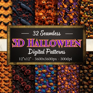 Halloween Patterns, 32 3D Halloween Seamless Digital Papers, Instant Download, Personal & Commercial Use, Print on Demand Friendly