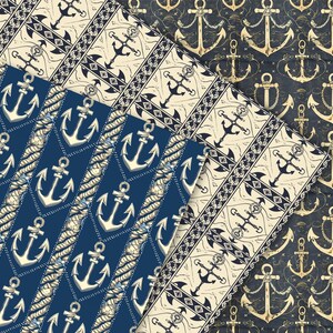 K&ouml;nnte beinhalten: Zwei nahtlose Muster mit nautischen Ankern in Blau, Wei&szlig; und Gold. Das erste Muster hat einen blauen Hintergrund mit wei&szlig;em Seil und goldenen Ankern. Das zweite Muster hat einen wei&szlig;en Hintergrund mit blauen und goldenen Ankern und einem geometrischen Design.