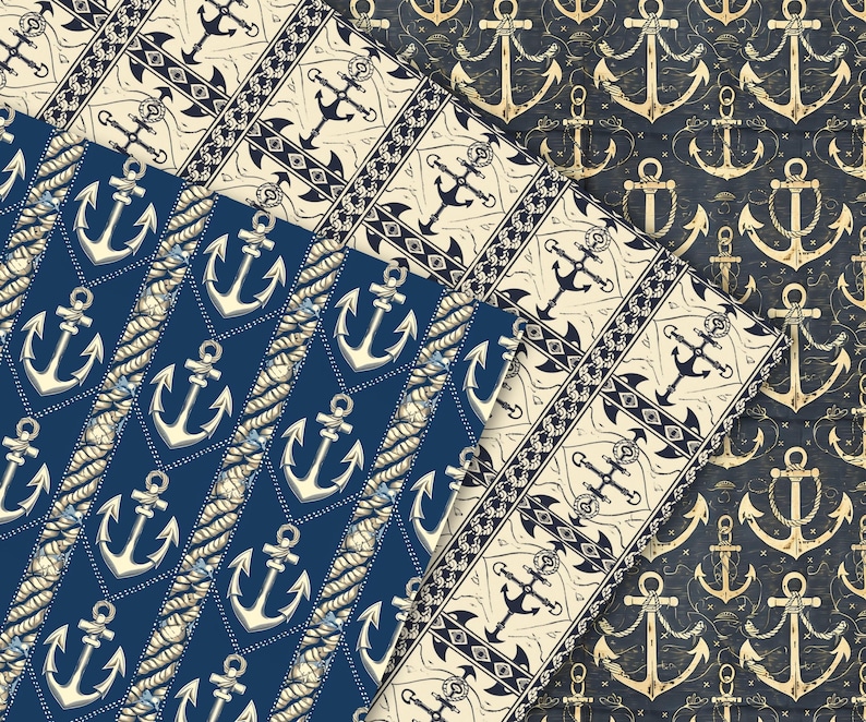 K&ouml;nnte beinhalten: Zwei nahtlose Muster mit nautischen Ankern in Blau, Wei&szlig; und Gold. Das erste Muster hat einen blauen Hintergrund mit wei&szlig;em Seil und goldenen Ankern. Das zweite Muster hat einen wei&szlig;en Hintergrund mit blauen und goldenen Ankern und einem geometrischen Design.
