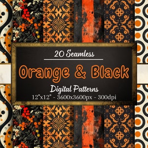 May include: 20 seamless digital patterns in orange and black. The patterns include geometric shapes, floral designs, and abstract textures. Each pattern is 12 inches by 12 inches and 3600 pixels by 3600 pixels at 300 dpi.