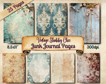 Shabby Chic Junk Journal Pages, Vintage Scrapbooking Ephemera, Shabby Chic, 25 Printable Pages, Digital Download, Mixed Media Vintage Paper