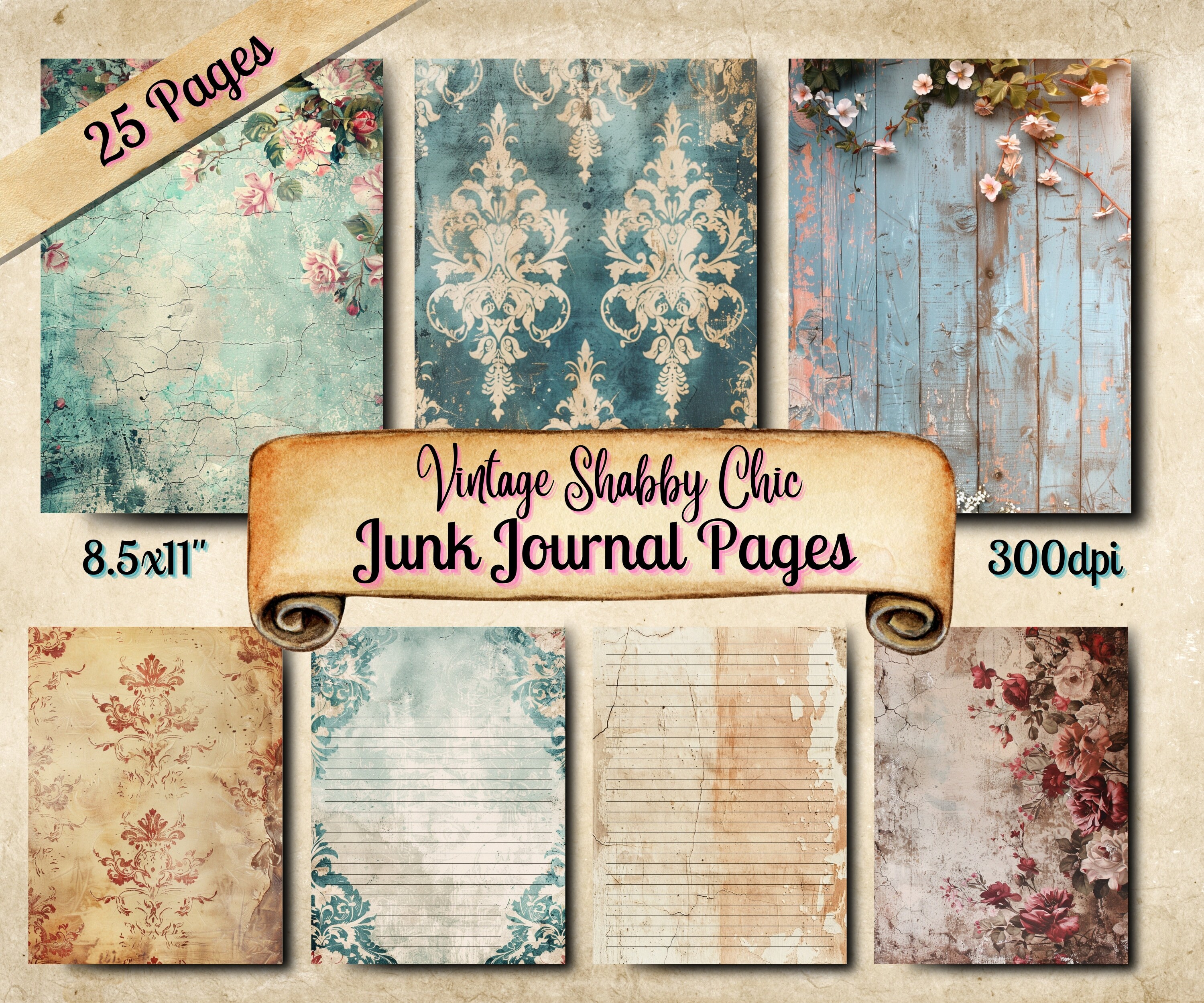 Shabby Chic Junk Journal Pages, Vintage Scrapbooking Ephemera, Shabby ...