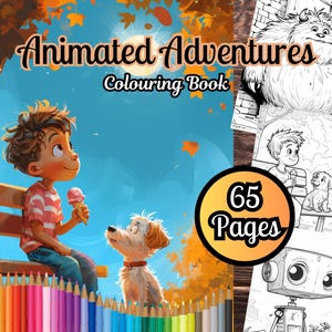 Animated Adventures Colouring Book, 65 Fun Animation Colouring Pages, Adults & Teens, Fun Colouring Book, Digital Download Colouring Book