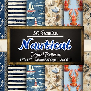 Nautische nahtlose Muster, 30 Seaside digitale Papiere, nautische Muster, sofortiger Download, persönliche und kommerzielle Nutzung, Print on Demand