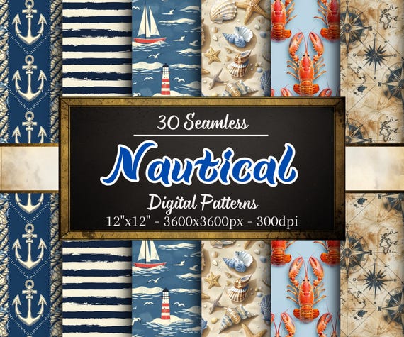 Nautical Seamless Patterns, 30 Seaside Digital Papers, Nautical Patterns, Instant Download, Personal & Commercial Use, Print on Demand