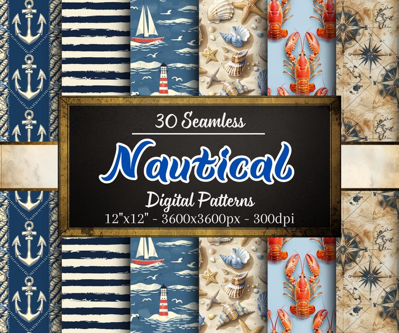 K&ouml;nnte beinhalten: Ein Set mit 30 digitalen, nahtlosen Mustern im nautischen Stil. Die Muster zeigen Anker, Streifen, Muscheln, Leuchtt&uuml;rme, Boote und Hummer. Die Muster sind 30,48 cm x 30,48 cm gro&szlig; und haben eine Aufl&ouml;sung von 3600 Pixel x 3600 Pixel bei 300 dpi.