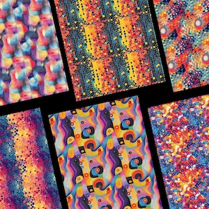 Peut inclure: Six motifs abstraits color&eacute;s sont pr&eacute;sent&eacute;s. Chaque motif pr&eacute;sente un design unique avec diverses formes et couleurs, notamment le rouge, le bleu, le jaune et le violet. Les motifs sont affich&eacute;s sur un fond noir.