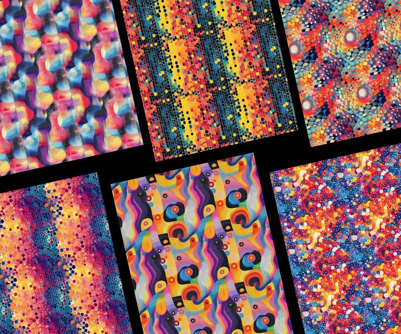 Peut inclure: Six motifs abstraits color&eacute;s sont pr&eacute;sent&eacute;s. Chaque motif pr&eacute;sente un design unique avec diverses formes et couleurs, notamment le rouge, le bleu, le jaune et le violet. Les motifs sont affich&eacute;s sur un fond noir.