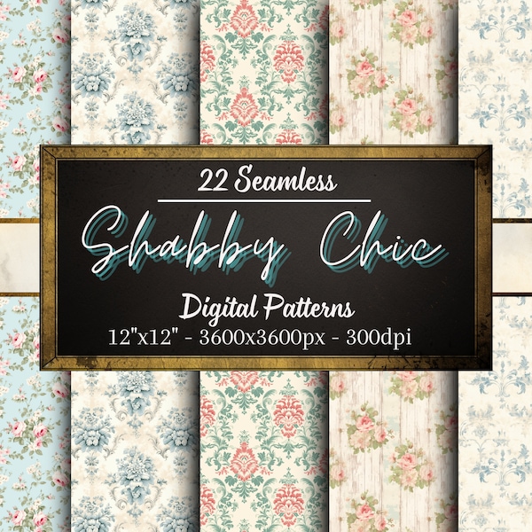Shabby Chic Seamless Patterns, 22 Rustic Digital Papers, Vintage Paper Instant Download, Personal & Commercial Use, Print on Demand Friendly