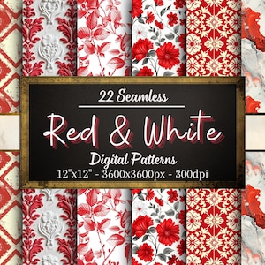 Rote und weiße nahtlose Muster, 22 digitale Papiere, rote und weiße Papier, sofortiger Download, persönliche und kommerzielle Nutzung, Print on Demand