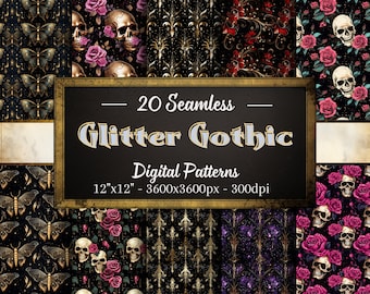Glitter Gothic Seamless Patterns, 25 Gothic Digital Papers, Instant Download, Personal & Commercial Use, Print on Demand Friendly