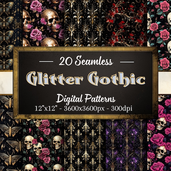 Glitter Gothic Seamless Patterns, 25 Gothic Digital Papers, Instant Download, Personal & Commercial Use, Print on Demand Friendly
