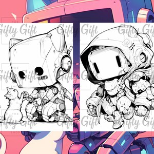 May include: Black and white line art illustration of two robots. One robot is wearing a hooded cloak and the other robot is holding a small cat.