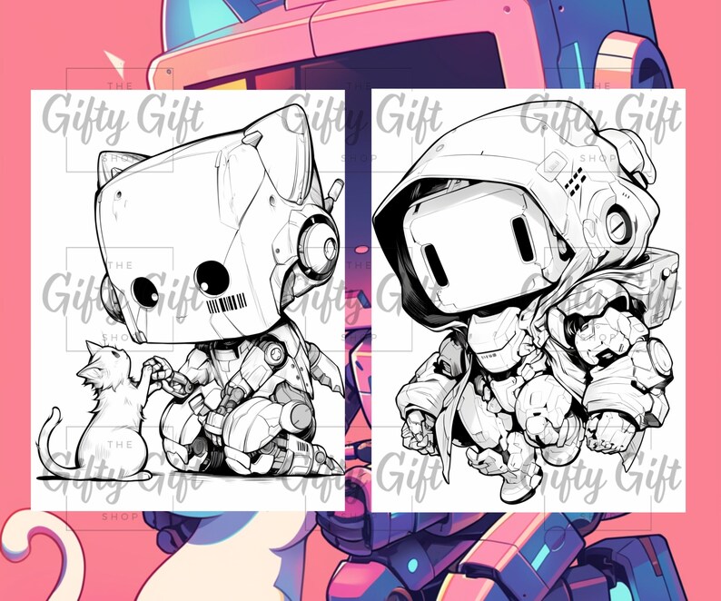 May include: Black and white line art illustration of two robots. One robot is wearing a hooded cloak and the other robot is holding a small cat.