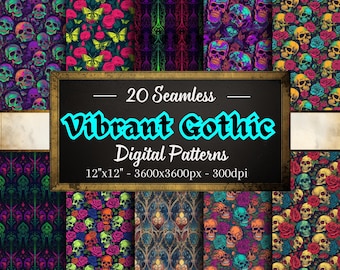 Vibrant Gothic Seamless Patterns, 20 Gothic Digital Papers in Vibrant Colours, Instant Download Digital Patterns, POD & Commercial Use