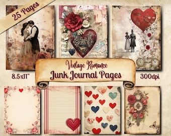 Romantic Junk Journal Pages, Vintage Scrapbook Ephemera, Valentine's Day, 25 Printable Pages, Digital Download, Mixed Media Vintage Paper