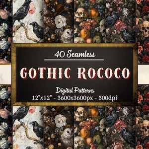 May include: A collection of 40 seamless digital patterns with a Gothic Rococo theme. The patterns feature ravens, skulls, owls, and floral elements in dark, moody colors. Each pattern is 12"x12" (30.48 cm x 30.48 cm) at 300 dpi.
