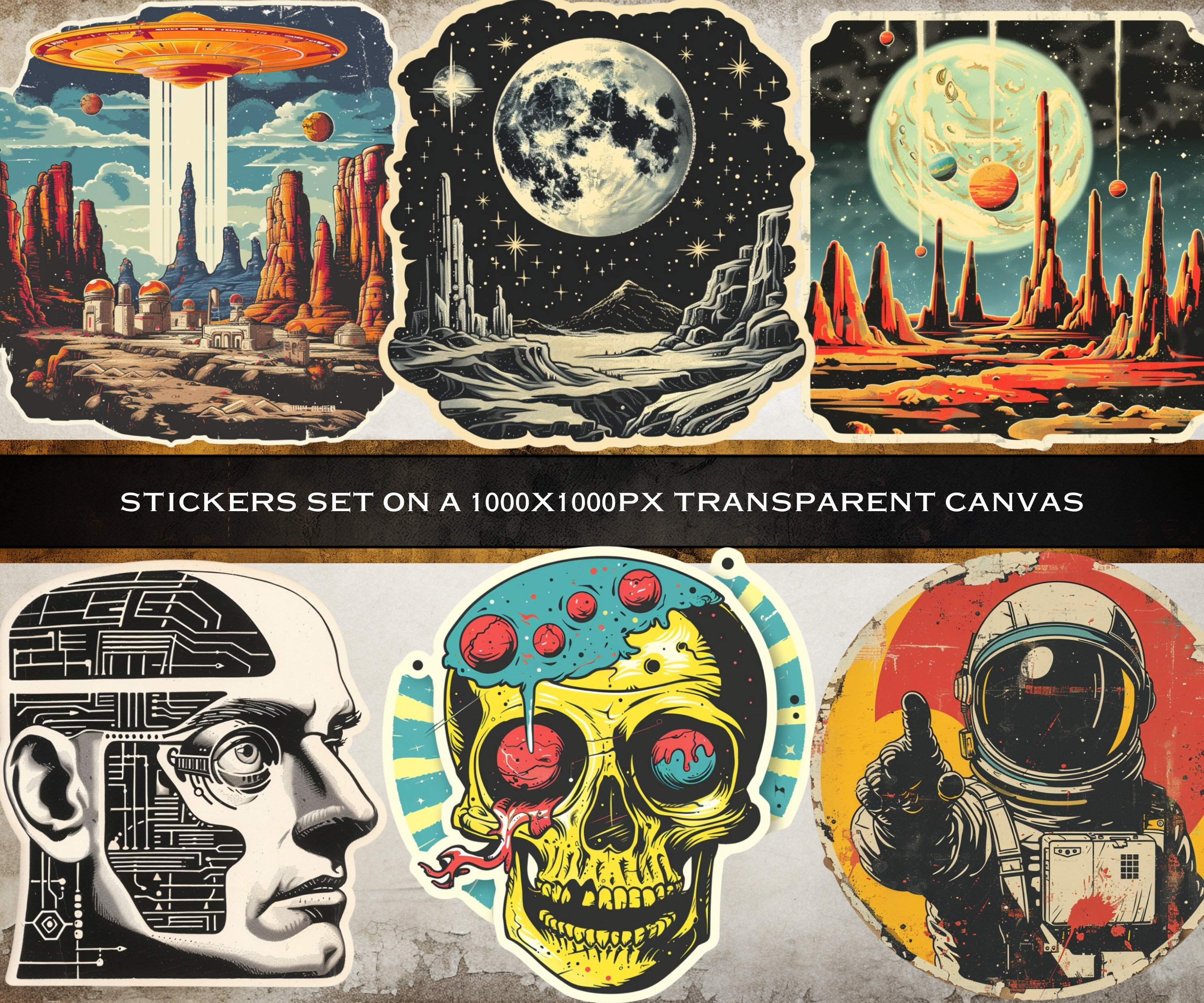 Vintage Sci-fi Sticker Pack, 45 Science Fiction Digital Stickers, PNG ...