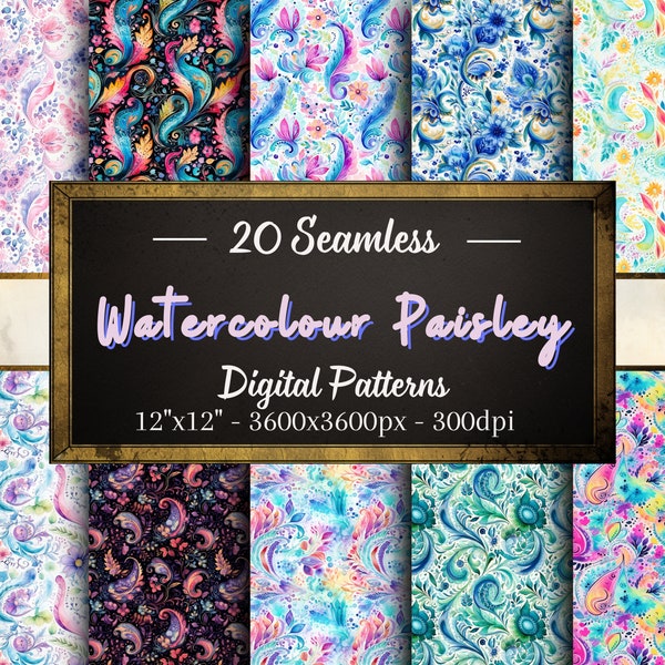 Watercolour Paisley Patterns, 20 Paisley Seamless Digital Papers, Instant Download, Personal & Commercial Use, Print on Demand Friendly