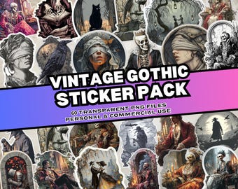 Vintage Gothic Sticker Pack, 60 PNG Gothic Stickers, Dark Victorian, Edgy Designs Instant Download, Commercial Use, Print on Demand Friendly