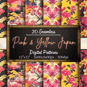 Könnte beinhalten: 20 nahtlose digitale Muster mit rosa und gelben japanisch inspirierten Designs. Die Muster umfassen Kirschblüten, Pagoden, Fächer und geometrische Formen. Jedes Muster ist 30,48 cm x 30,48 cm groß und hat 300 dpi.