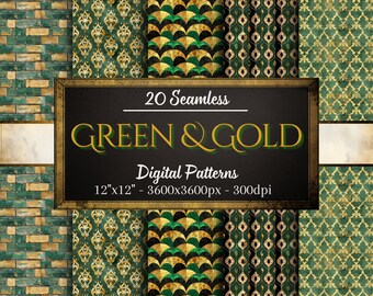 Groene en gouden patronen, 20 groene en gouden naadloze digitale papieren, direct downloaden, persoonlijk en commercieel gebruik, print-on-demand-vriendelijk