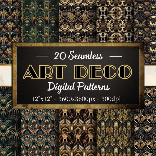 Art Deco Seamless Patterns, 20 Digital Papers of Art Deco Patterns for Scrapbooking, Invitations, Book Covers, Textiles and More!