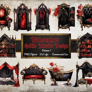 Watercolour Gothic Interior Design Clipart - 30 Transparent PNG Files - Instant Download for Personal and Commercial Use - Gothic Graphics