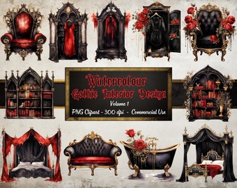 Watercolour Gothic Interior Design Clipart - 30 Transparent PNG Files - Instant Download for Personal and Commercial Use - Gothic Graphics