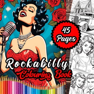 Rockabilly Colouring Book, 45 Printable Colouring Pages for Adults & Teens, Instant Download, Digital Download Vintage Style Colouring Book